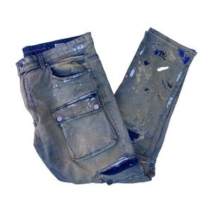 First Row Men's Denim Cargo Jeans Painted Distressed Size 40x32 NWT